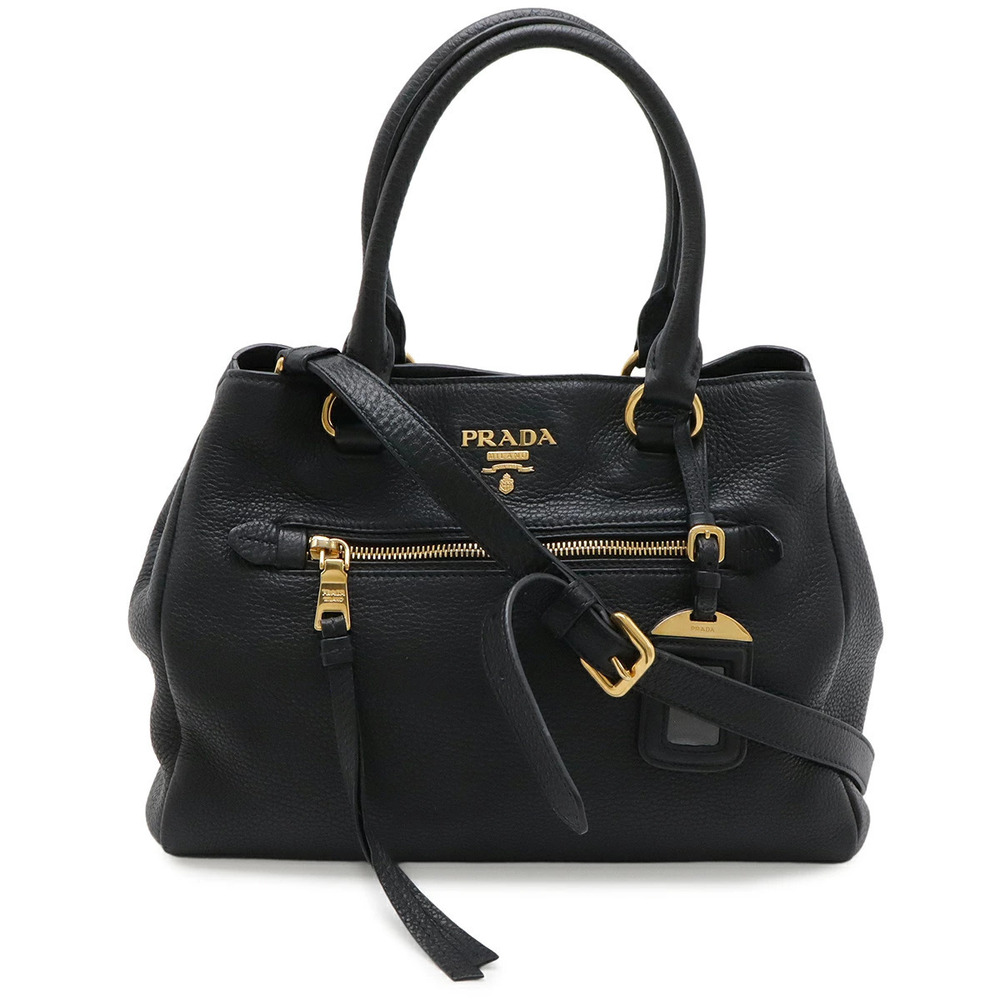 Prada VITELLO PHENIX Handbag Tote Bag Crossbody Leather NERO Black